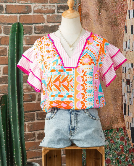 Aubrey Boho Mixed Print Contrast Trim Striped Patchwork Tiered Short Sleeve Blouse