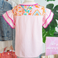 Aubrey Boho Mixed Print Contrast Trim Striped Patchwork Tiered Short Sleeve Blouse