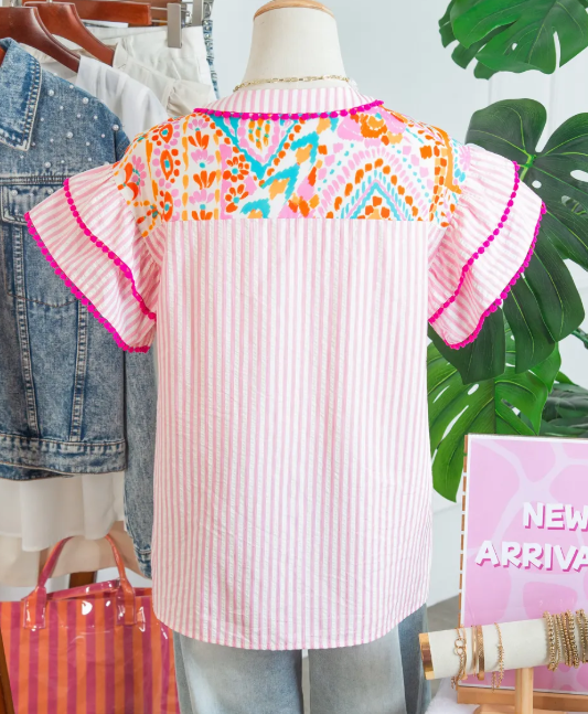 Aubrey Boho Mixed Print Contrast Trim Striped Patchwork Tiered Short Sleeve Blouse