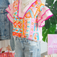 Aubrey Boho Mixed Print Contrast Trim Striped Patchwork Tiered Short Sleeve Blouse