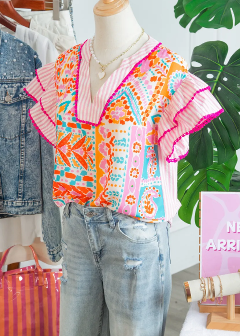 Aubrey Boho Mixed Print Contrast Trim Striped Patchwork Tiered Short Sleeve Blouse