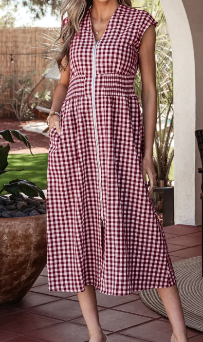 SALE!!!  Blakely Red Plaid Print Full Zipper Cinched Waist Fit Flare Sleeveless Maxi Dress