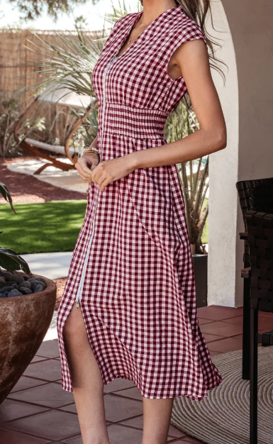 SALE!!!  Blakely Red Plaid Print Full Zipper Cinched Waist Fit Flare Sleeveless Maxi Dress