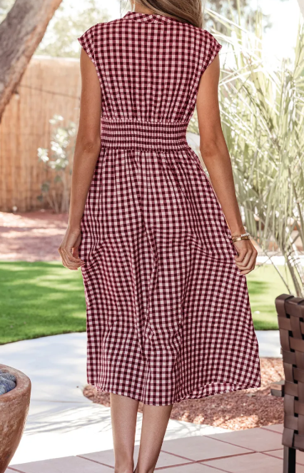 SALE!!!  Blakely Red Plaid Print Full Zipper Cinched Waist Fit Flare Sleeveless Maxi Dress