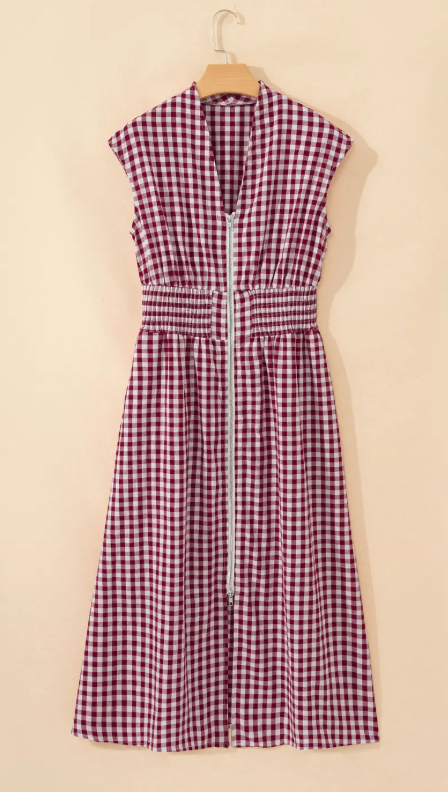 SALE!!!  Blakely Red Plaid Print Full Zipper Cinched Waist Fit Flare Sleeveless Maxi Dress