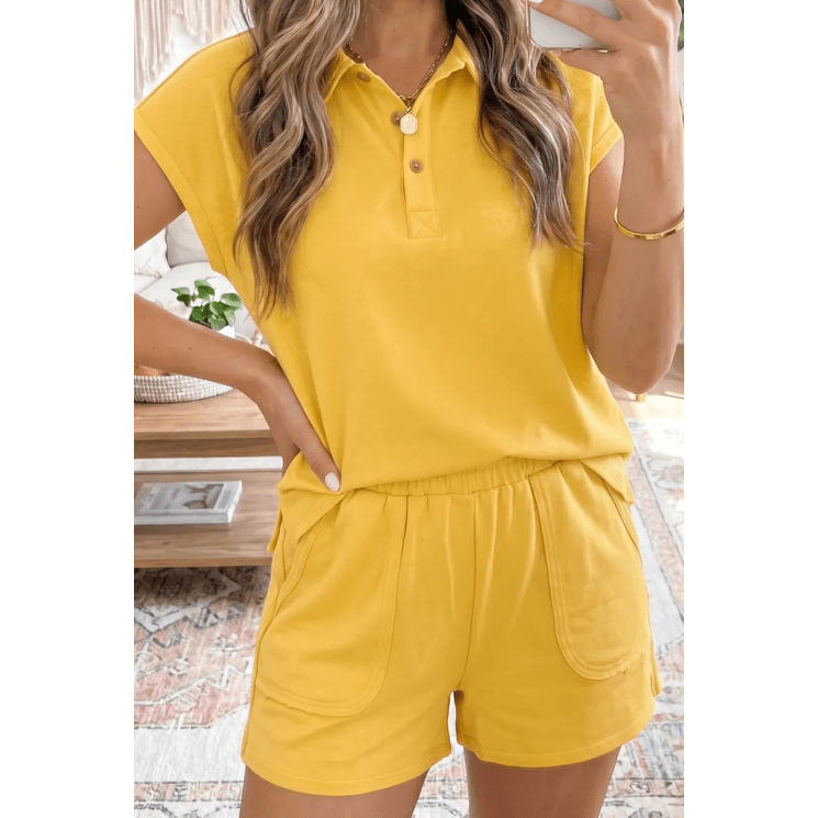 Kalin Gold Loose Polo Tee Elastic Waist 2pcs Short Set