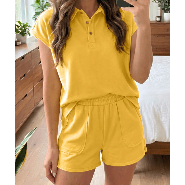 Kalin Gold Loose Polo Tee Elastic Waist 2pcs Short Set