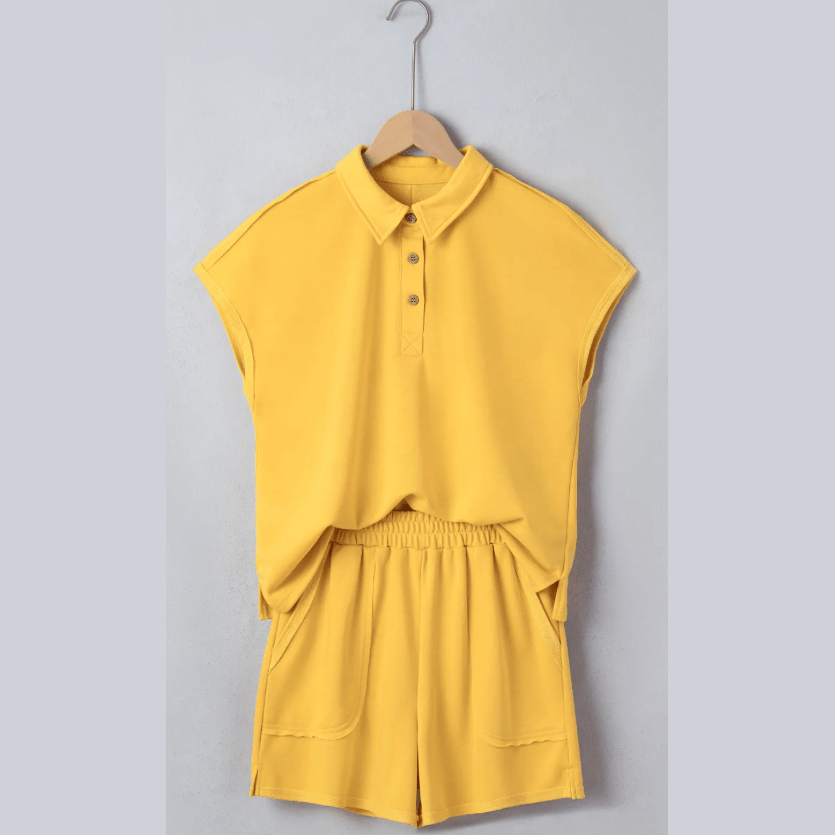 Kalin Gold Loose Polo Tee Elastic Waist 2pcs Short Set