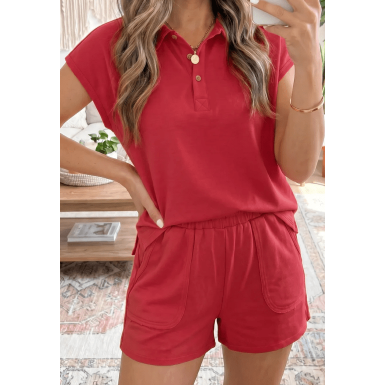 Kalin Red Loose Polo Tee Elastic Waist 2pcs Short Set