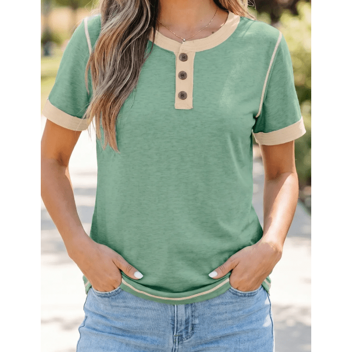 Marsia Green Raw Seam Color Block Detail Buttoned Henley Tee