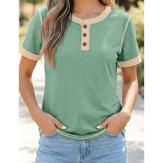 Marsia Green Raw Seam Color Block Detail Buttoned Henley Tee