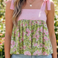 Anya Pink Stripe Floral Printed Knot Straps Babydoll Tank Top