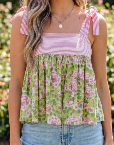 Anya Pink Stripe Floral Printed Knot Straps Babydoll Tank Top