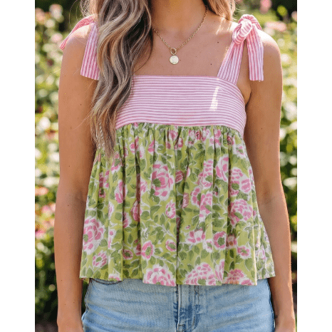 Anya Pink Stripe Floral Printed Knot Straps Babydoll Tank Top