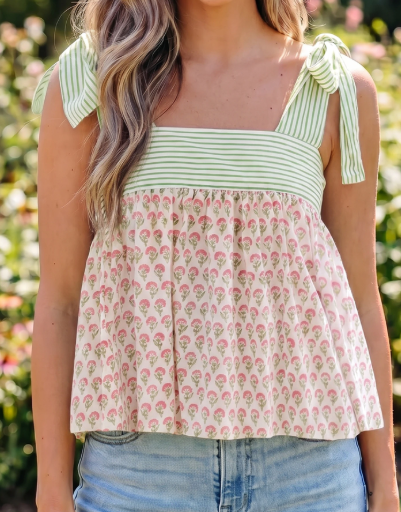 Anya Light Green Stripe Floral Printed Knot Straps Babydoll Tank Top