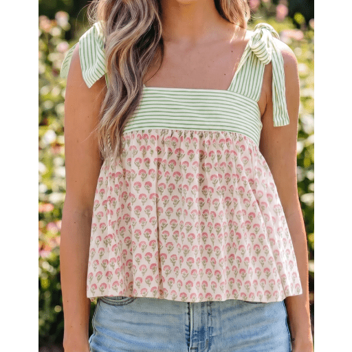 Anya Light Green Stripe Floral Printed Knot Straps Babydoll Tank Top