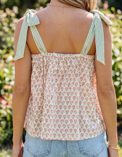 Anya Light Green Stripe Floral Printed Knot Straps Babydoll Tank Top
