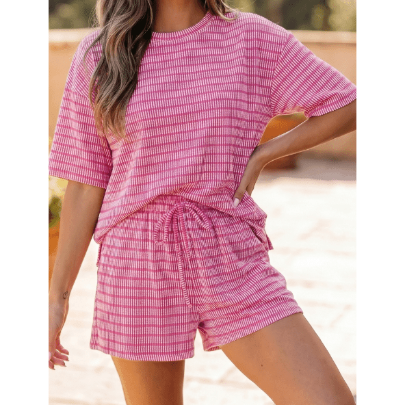 Taylee Pink Stripe Raised Rib Loose Tee Drawstring Elastic Waist 2pcs Short Set