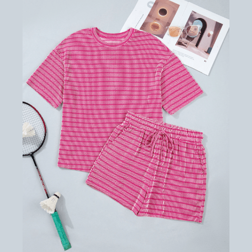 Taylee Pink Stripe Raised Rib Loose Tee Drawstring Elastic Waist 2pcs Short Set