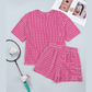 Taylee Pink Stripe Raised Rib Loose Tee Drawstring Elastic Waist 2pcs Short Set