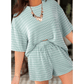Taylee Green Stripe Raised Rib Loose Tee Drawstring Elastic Waist 2pcs Short Set