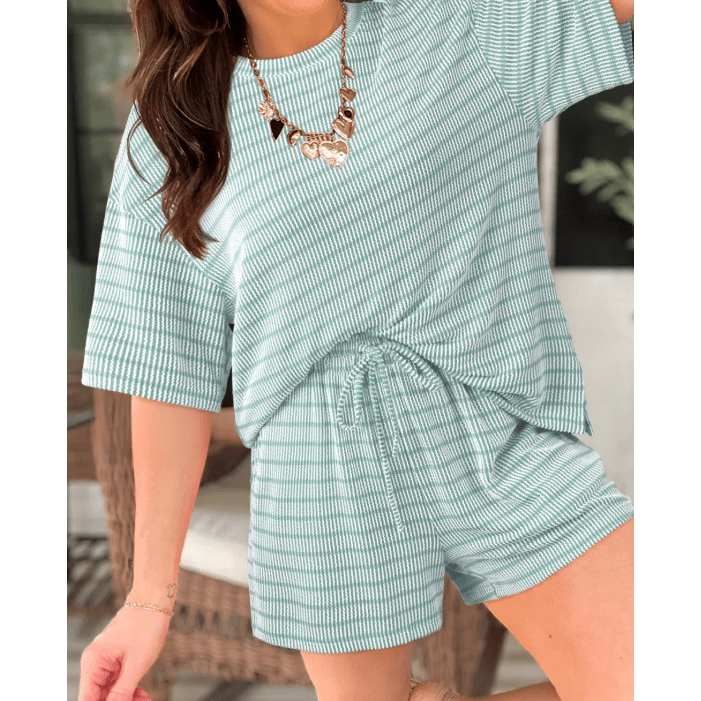 Taylee Green Stripe Raised Rib Loose Tee Drawstring Elastic Waist 2pcs Short Set