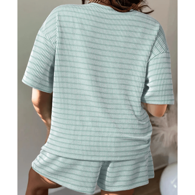 Taylee Green Stripe Raised Rib Loose Tee Drawstring Elastic Waist 2pcs Short Set
