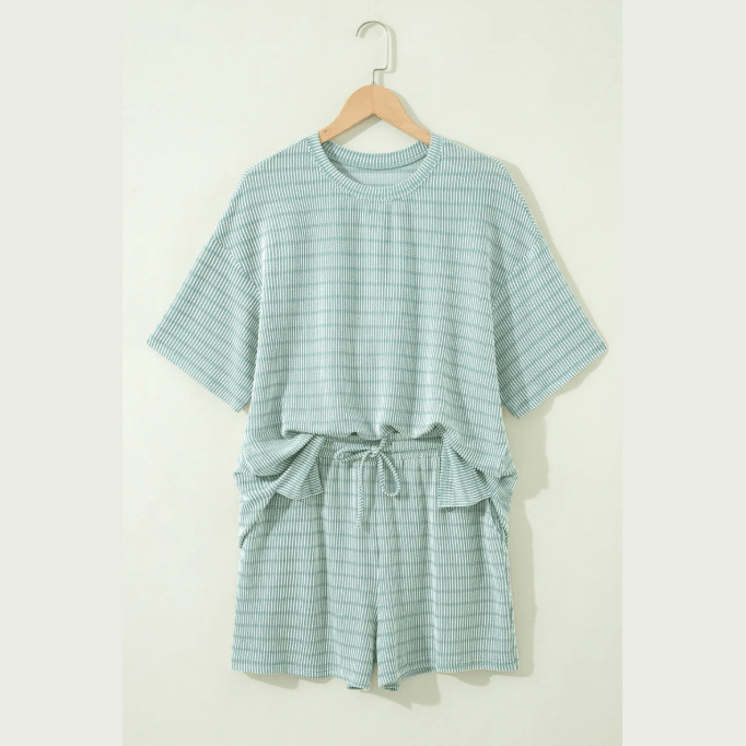 Taylee Green Stripe Raised Rib Loose Tee Drawstring Elastic Waist 2pcs Short Set