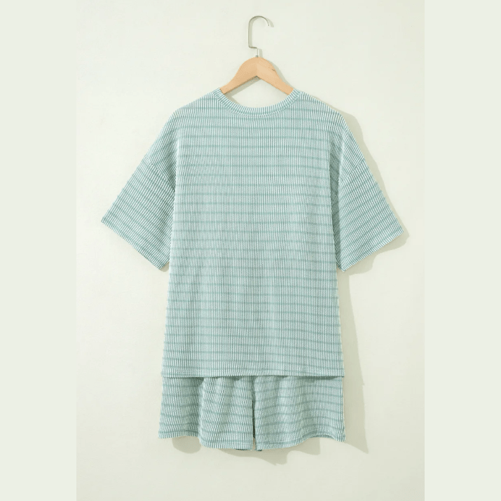 Taylee Green Stripe Raised Rib Loose Tee Drawstring Elastic Waist 2pcs Short Set