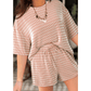 Taylee Khaki Stripe Raised Rib Loose Tee Drawstring Elastic Waist 2pcs Short Set