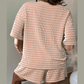 Taylee Khaki Stripe Raised Rib Loose Tee Drawstring Elastic Waist 2pcs Short Set