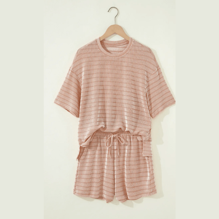 Taylee Khaki Stripe Raised Rib Loose Tee Drawstring Elastic Waist 2pcs Short Set