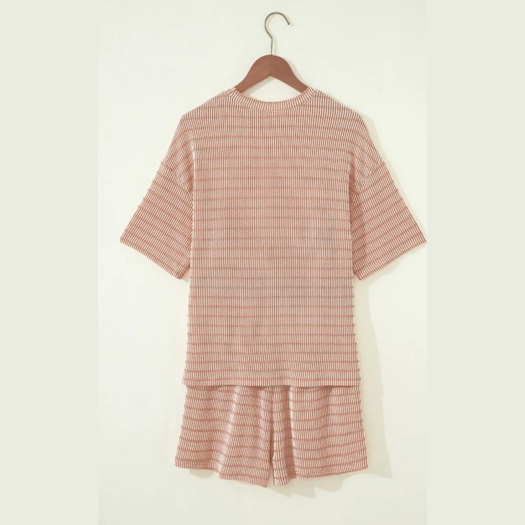 Taylee Khaki Stripe Raised Rib Loose Tee Drawstring Elastic Waist 2pcs Short Set