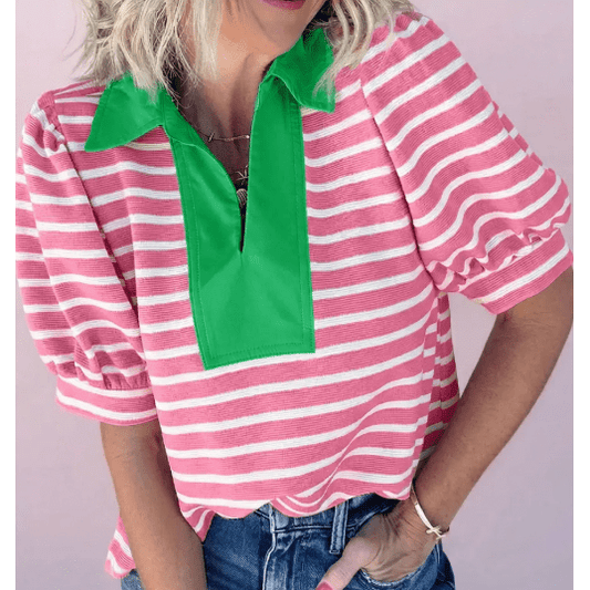 Ailee Pink Puff Sleeve Color Block Polo Collar Blouse