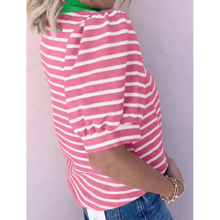 Ailee Pink Puff Sleeve Color Block Polo Collar Blouse