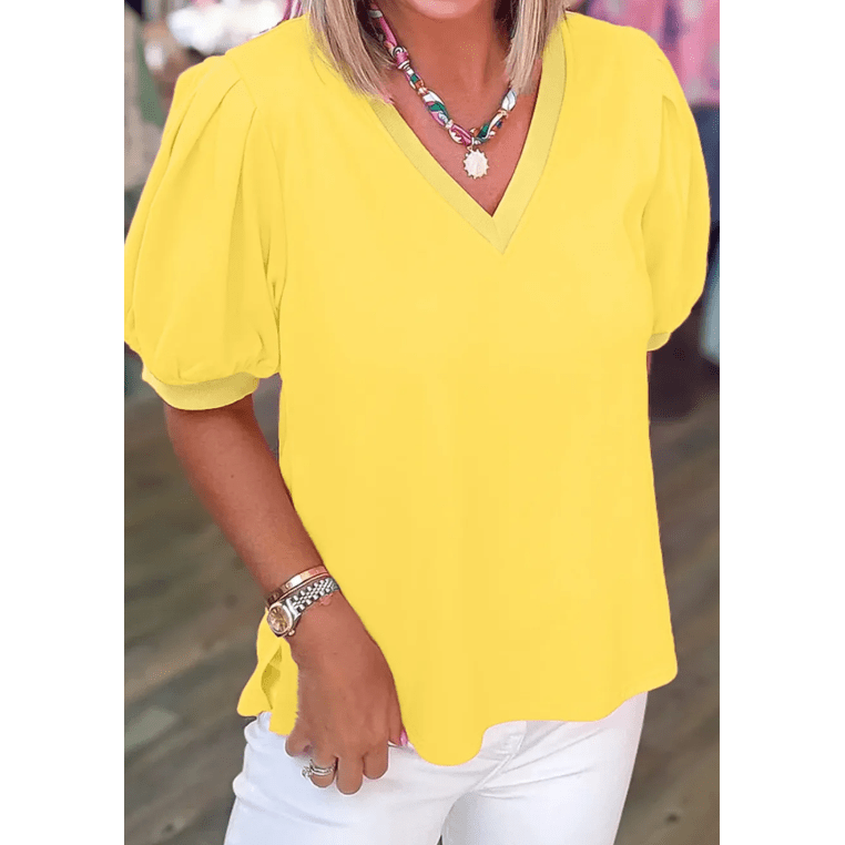 Tula Yellow V Neck Short Puff Sleeve Blouse