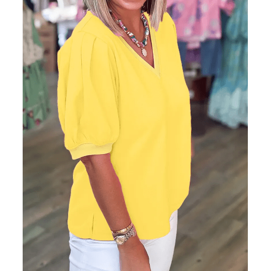 Tula Yellow V Neck Short Puff Sleeve Blouse