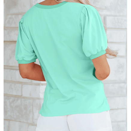 Tula Mint V Neck Short Puff Sleeve Blouse