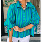 Asher Blue Stripe Tie Puff Sleeve Womens Button Down Shirt