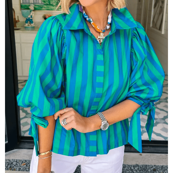 Asher Blue Stripe Tie Puff Sleeve Womens Button Down Shirt