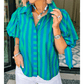 Asher Blue Stripe Tie Puff Sleeve Womens Button Down Shirt