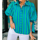 Asher Blue Stripe Tie Puff Sleeve Womens Button Down Shirt