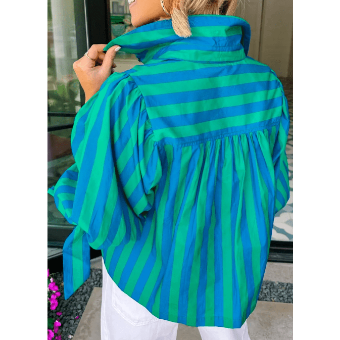 Asher Blue Stripe Tie Puff Sleeve Womens Button Down Shirt