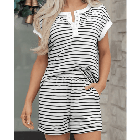 SALE!!!  Nansi Black Stripe Half Buttons Top and Shorts Set