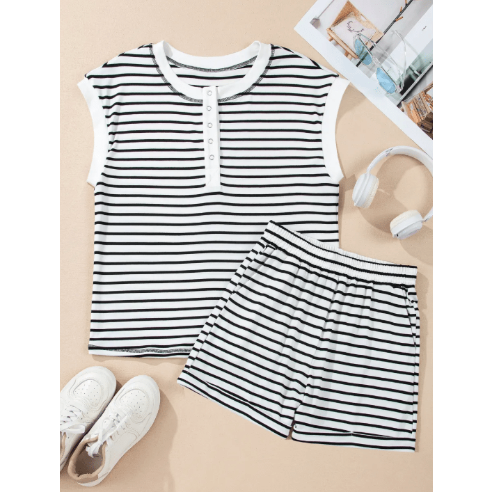 SALE!!!  Nansi Black Stripe Half Buttons Top and Shorts Set