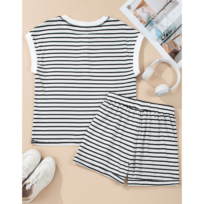 SALE!!!  Nansi Black Stripe Half Buttons Top and Shorts Set