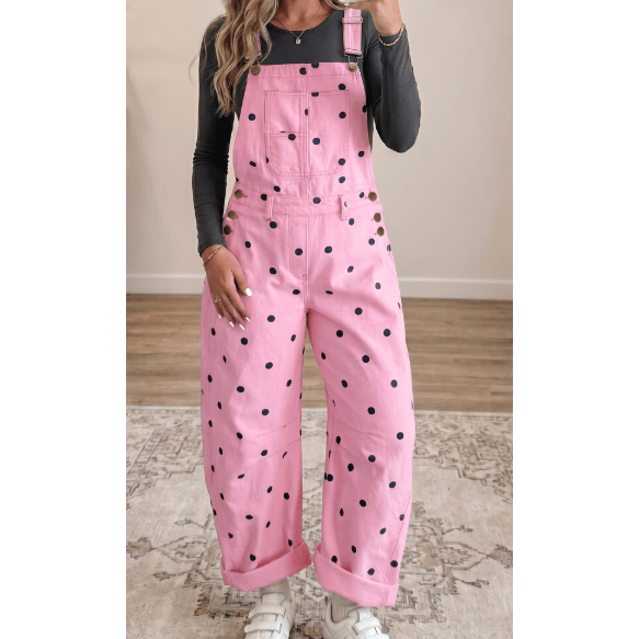 Orsie Pink Polka Dot Print Bib Pocket Denim Barrel Overalls Jumpsuit