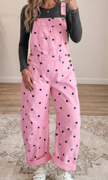 Orsie Pink Polka Dot Print Bib Pocket Denim Barrel Overalls Jumpsuit