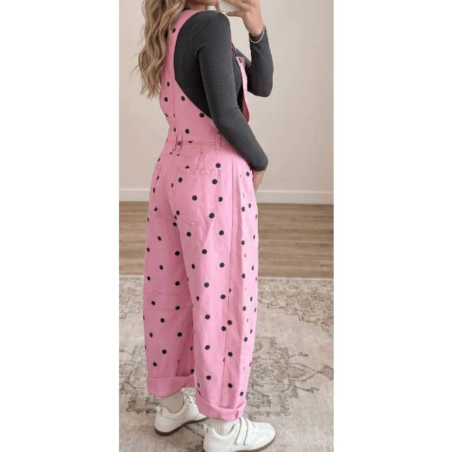 Orsie Pink Polka Dot Print Bib Pocket Denim Barrel Overalls Jumpsuit