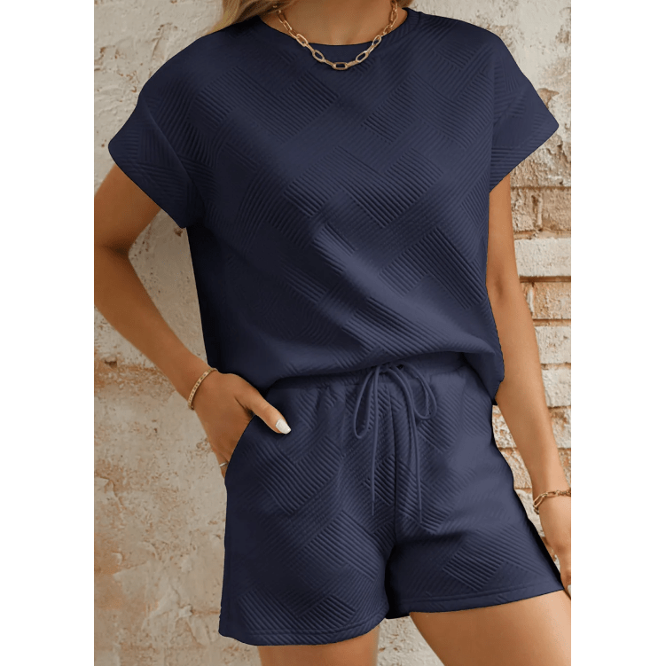 Britnee Navy Textured Short Sleeve Top and Shorts Set
